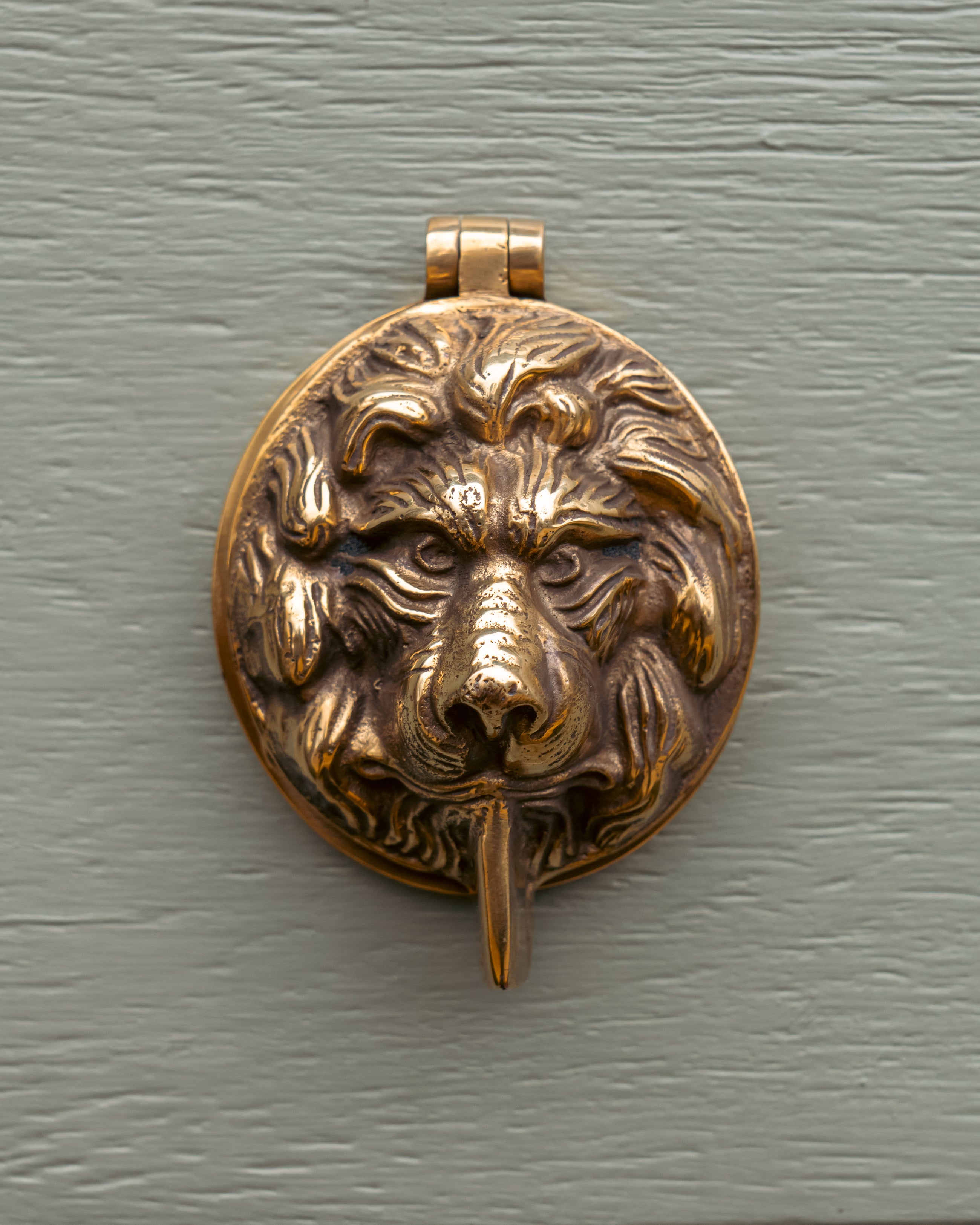 Bronze lion head keyhole cover on a green door
