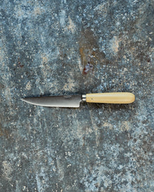 Knife with a beige handle on a textured blue surface