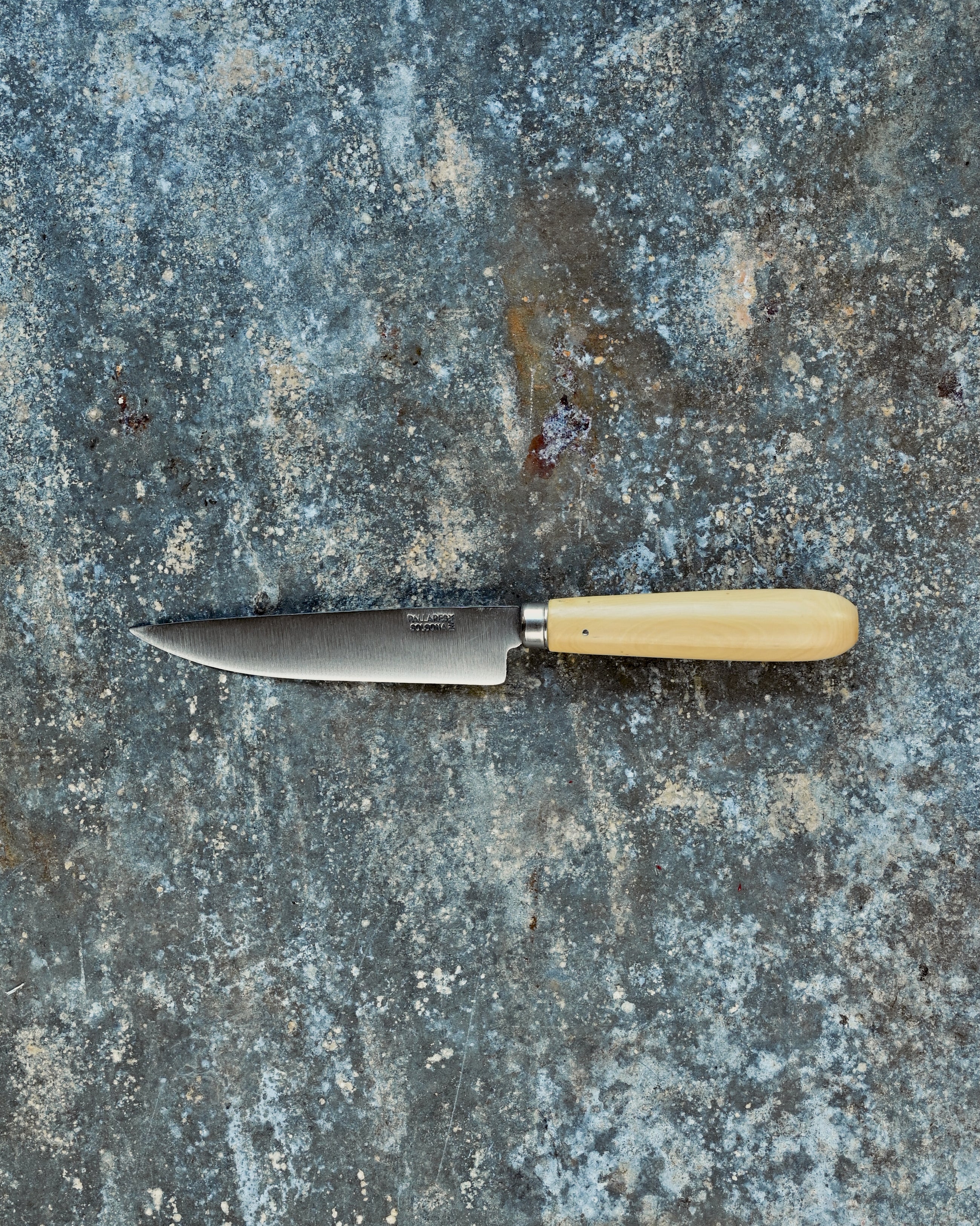 Knife with a beige handle on a textured blue surface