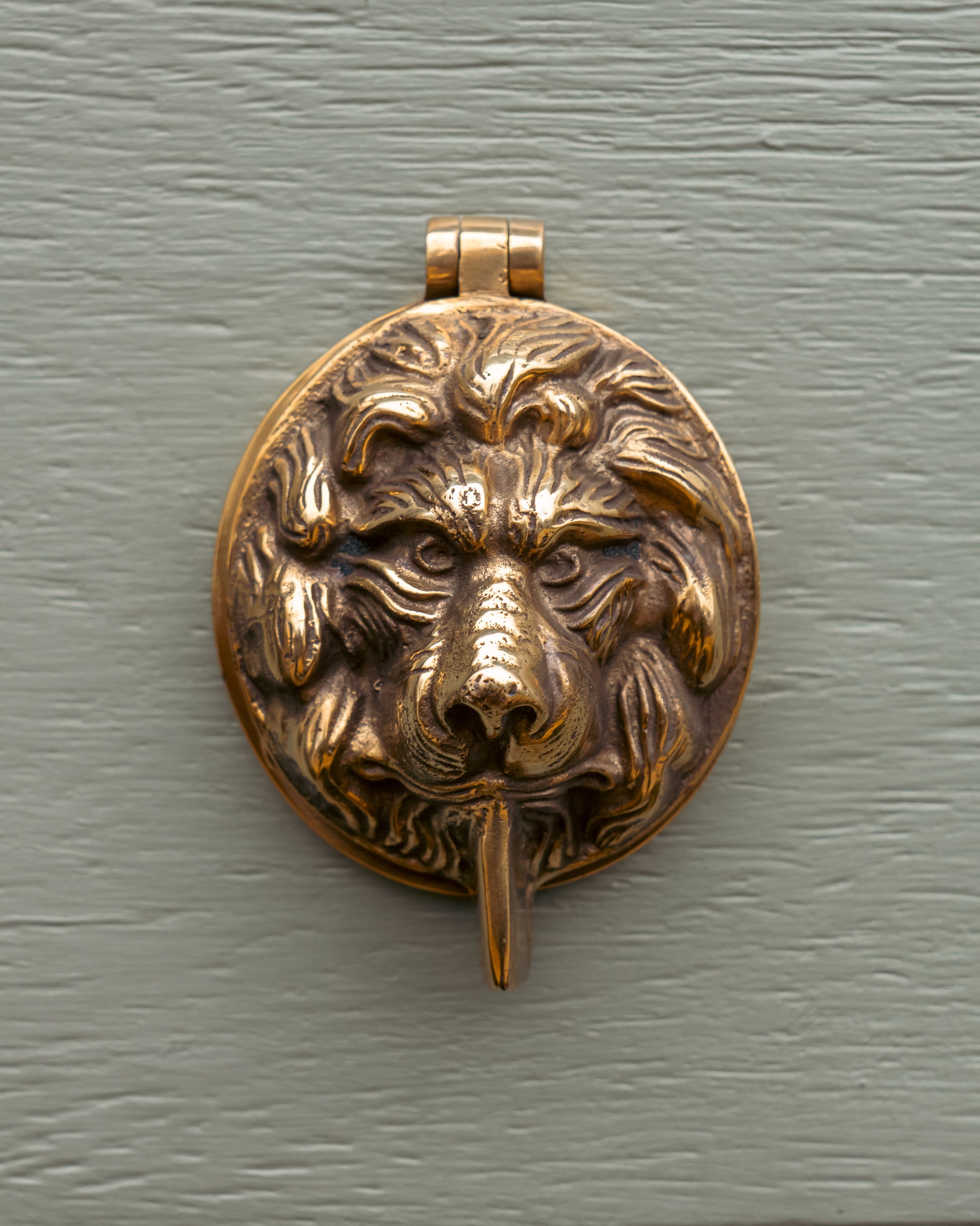 Bronze lion head keyhole cover on a green door