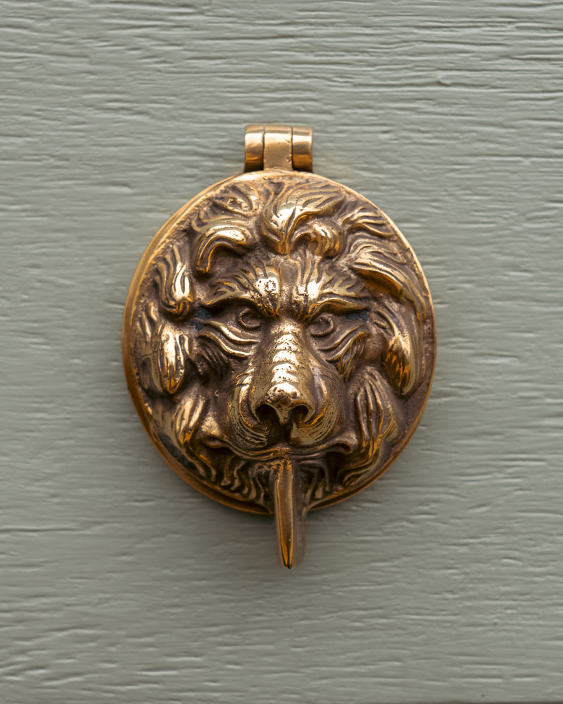 Bronze lion head keyhole cover on a green door