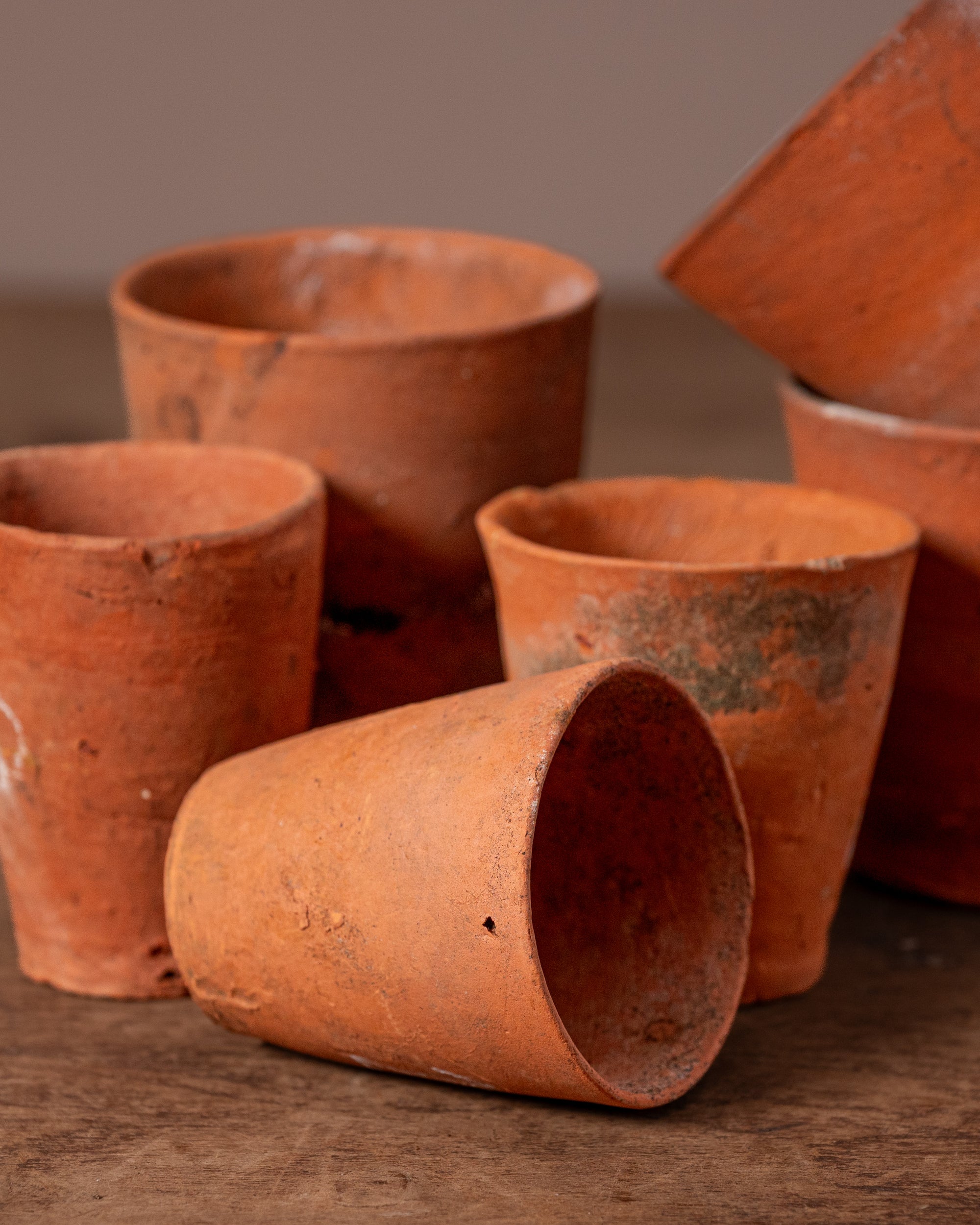 Terracotta pots of various sizes on a wooden surface with a brown background