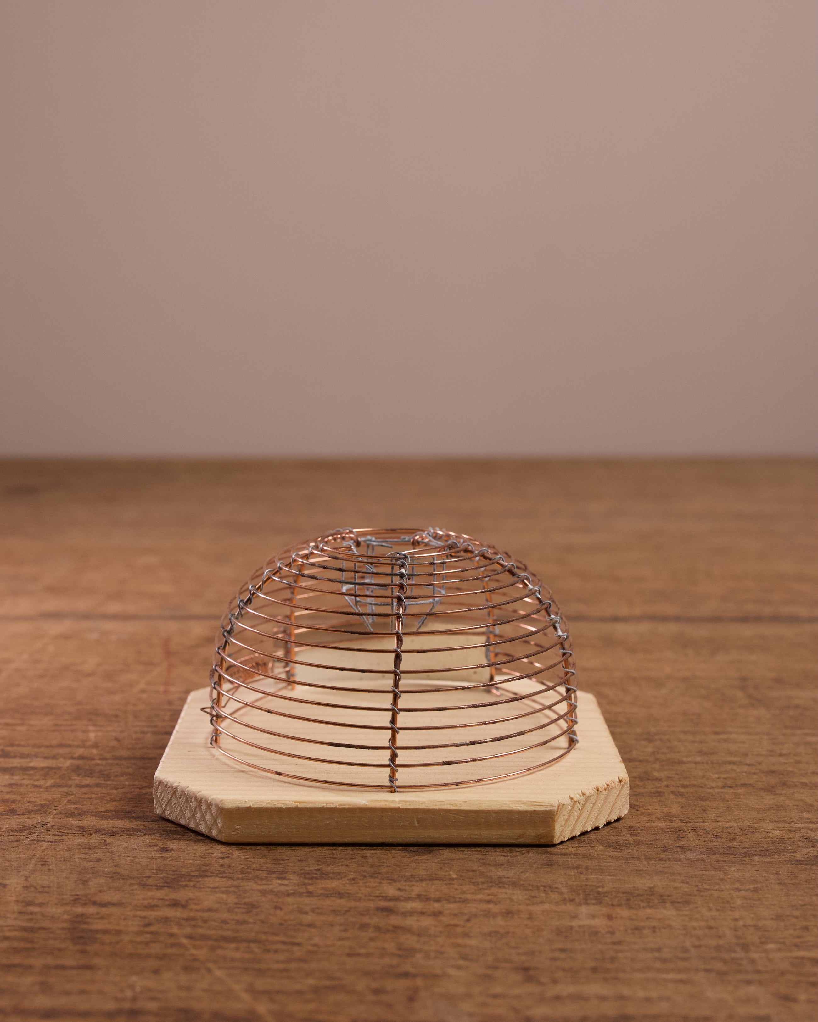 Lobster pot-style mouse trap with copper wire on a wooden base