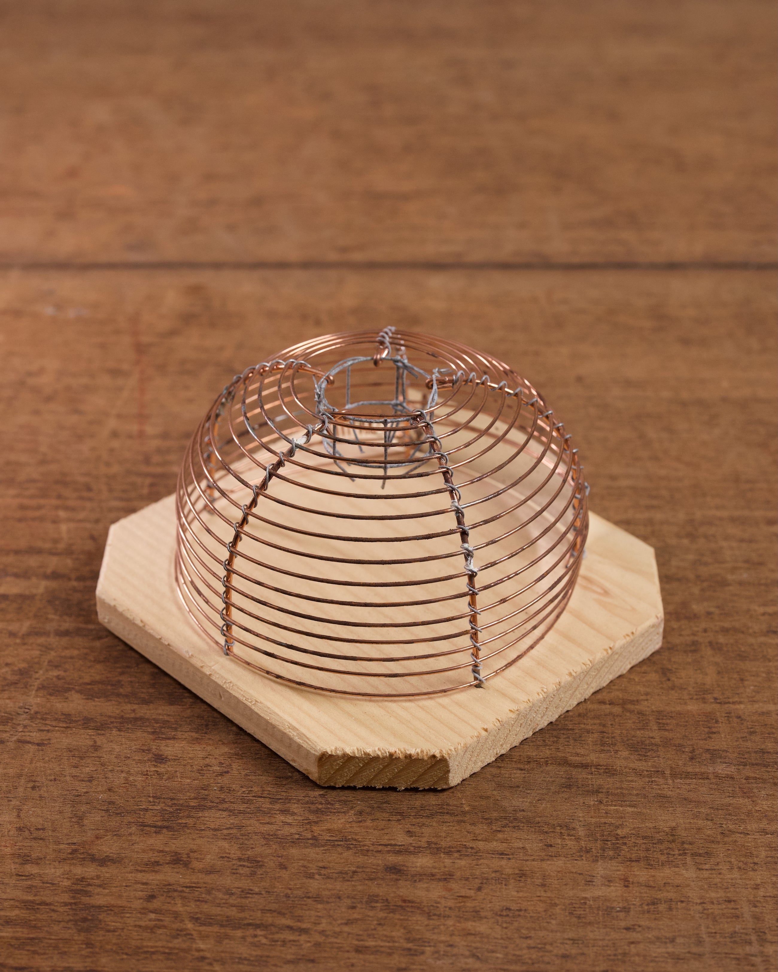 Lobster pot-style mouse trap with copper wire on a wooden base