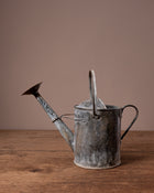 Vintage metal watering can on a wooden surface with a brown background